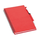 Bloco de argolas com papel reciclado e caneta cor vermelho