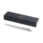 Caneta Parker prateada com logo e tinta azul Parker Jotter Inox cor prateado