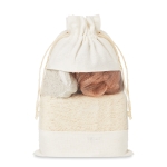 Set de banho com esponja, pedra para peeling e puff em saco Bathtime cor bege