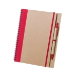 Caderno e caneta em cartão reciclado com logo cor vermelho primeira vista