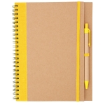 Caderno e caneta em cartão reciclado com logo cor amarelo