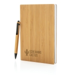 Caderno sustentável de bambu com caneta, folhas A5 pautadas EcoBamboo cor castanho vista com logo