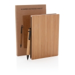 Caderno sustentável de bambu com caneta, folhas A5 pautadas EcoBamboo cor castanho vista com caixa