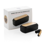 Auriculares de qualidade com estojo de bambu e carregamento Bamboo Flow cor preto vista com caixa