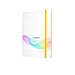 Caderno branco com elástico colorido, folhas A5 lisas White Colors cor amarelo imagem com logo