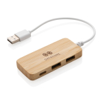 Hub USB 2.0 com porta tipo C em bambu e cabo com o logotipo cor castanho vista com logo