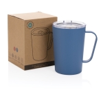 Caneca térmica de aço reciclado com pega 420ml Premium Recycled cor azul vista com caixa