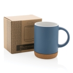 Caneca de cerâmica com base de cortiça e cor mate de 280ml Cork Base cor azul vista com caixa