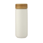 Copo de cerâmica com tampa de bambu de rosca anti-gotas 300ml cor branco segunda vista frontal