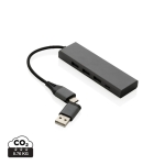 Hubs USB de plástico reciclado com 4 portas: 3 USB e 1 tipo C cor cinzento-escuro