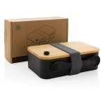 Lancheira de PP reciclado certificado com garfo Complete Bamboo Eco cor preto vista com caixa