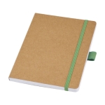 Caderno de papel reciclado, porta-caneta, folhas A5 pautadas cor verde