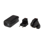 Adaptador de viagem UE/RU/EUA com portas tipo-C e USB-A cor preto