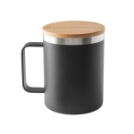 Caneca de aço inoxidável reciclado térmica com tampa de bambu 420ml cor preto primeira vista