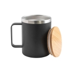 Caneca de aço inoxidável reciclado térmica com tampa de bambu 420ml cor preto terceira vista