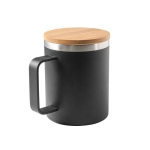 Caneca de aço inoxidável reciclado térmica com tampa de bambu 420ml cor preto