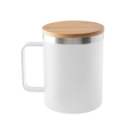 Caneca de aço inoxidável reciclado térmica com tampa de bambu 420ml cor branco primeira vista