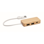 Hub USB de bambu com 3 portas e cabo de 20cm cor madeira