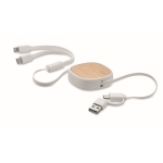 Cabo de carga retrátil multiUSB com detalhes em bambu e cabo de 90cm cor branco