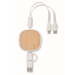 Cabo de carga retrátil multiUSB com detalhes em bambu e cabo de 90cm cor branco terceira vista