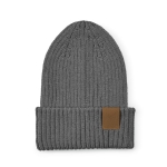 Gorro de algodão reciclado com patch decorativo e acabamento em malha cor cinzento vista frontal 