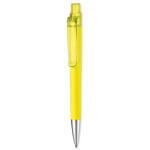 Caneta com corpo de forma triangular com acabamento soft-touch cor amarelo fluorescente