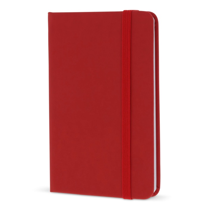 Caderno de PU em cores vivas, fita a condizer e folhas pautadas FSC A6 cor vermelho