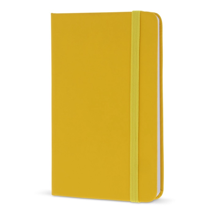 Caderno de PU em cores vivas, fita a condizer e folhas pautadas FSC A6 cor amarelo