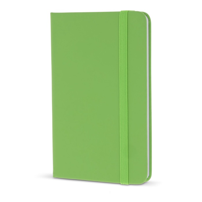 Caderno de PU em cores vivas, fita a condizer e folhas pautadas FSC A6 cor verde-lima