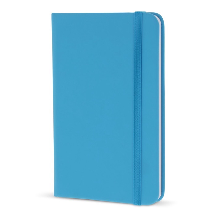 Caderno de PU em cores vivas, fita a condizer e folhas pautadas FSC A6 cor azul-claro