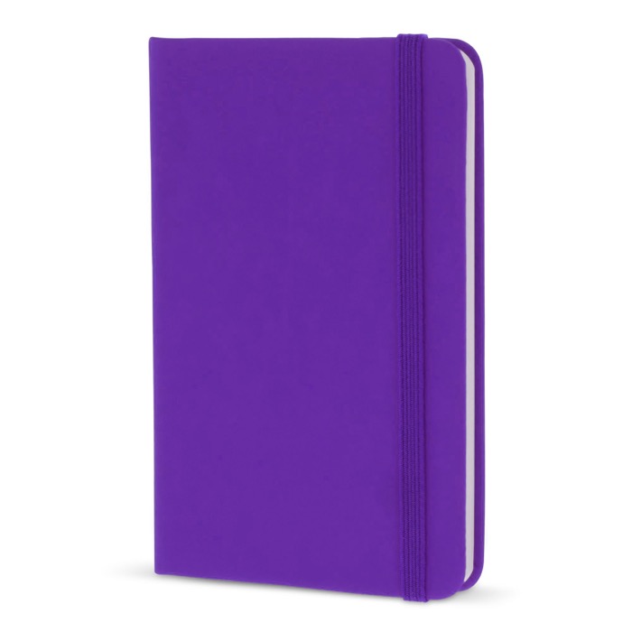 Caderno de PU em cores vivas, fita a condizer e folhas pautadas FSC A6 cor roxo