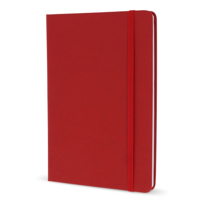 Caderno de PU em cores vivas, fita a condizer e folhas pautadas FSC A5 cor vermelho