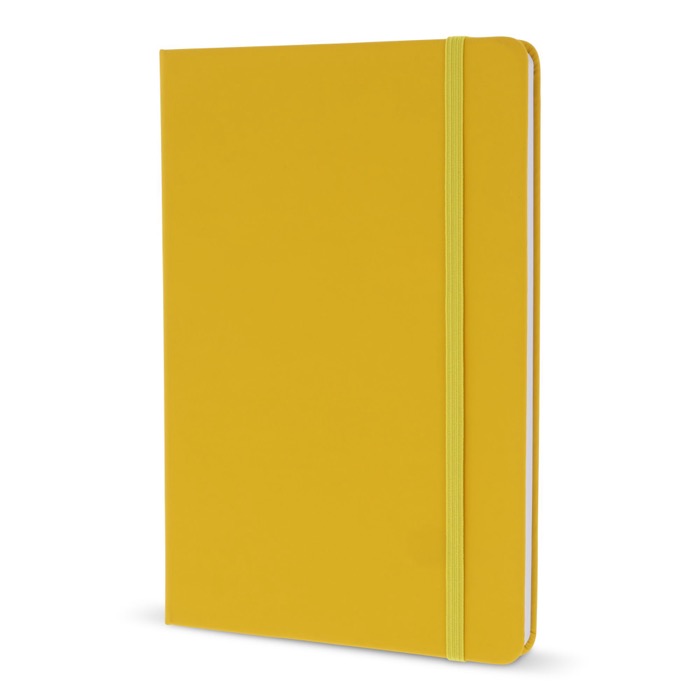 Caderno de PU em cores vivas, fita a condizer e folhas pautadas FSC A5 cor amarelo