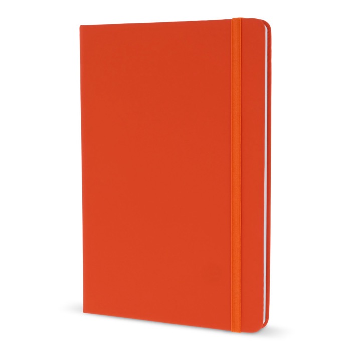 Caderno de PU em cores vivas, fita a condizer e folhas pautadas FSC A5 cor cor-de-laranja