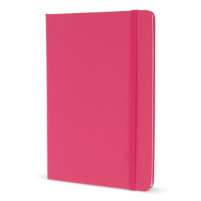 Caderno de PU em cores vivas, fita a condizer e folhas pautadas FSC A5 cor cor-de-rosa