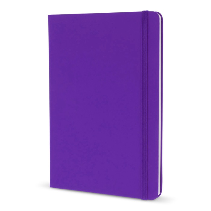 Caderno de PU em cores vivas, fita a condizer e folhas pautadas FSC A5 cor roxo