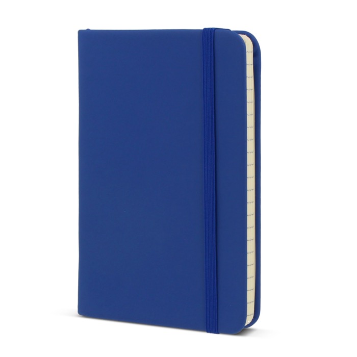 Caderno RPET e PU cores vivas, fita a condizer, folhas pautadas FSC A6 cor azul