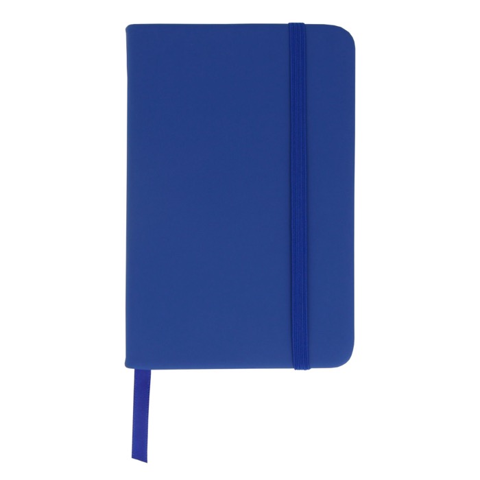 Caderno RPET e PU cores vivas, fita a condizer, folhas pautadas FSC A6 cor azul segunda vista