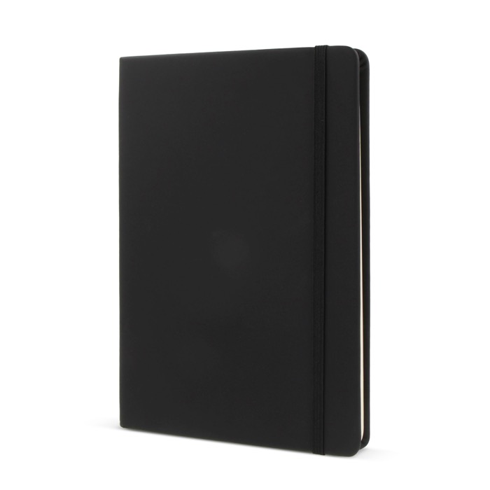 Caderno RPET e PU cores vivas, fita a condizer, folhas pautadas FSC A5 cor preto