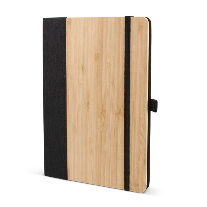 Caderno com capa de bambu com borda vertical e folhas pautadas A5 cor preto