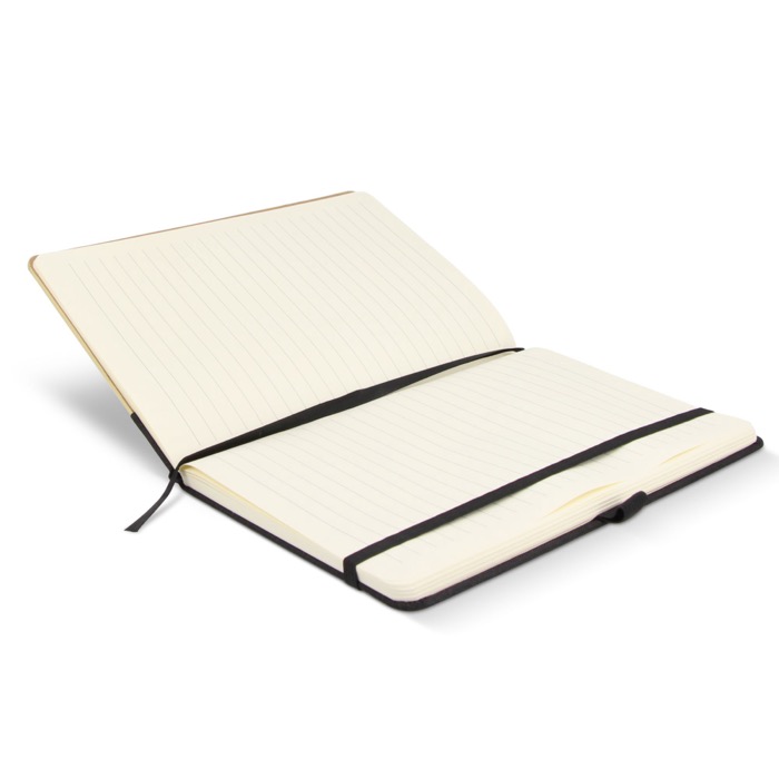 Caderno com capa de bambu com borda vertical e folhas pautadas A5 cor preto quinta vista