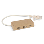 Hub feito de papel reciclado com 2 entradas USB e uma USB-C cor natural