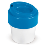 Copo take away com tampa colorida feito na UE e 100% reciclável 240ml cor branco/azul