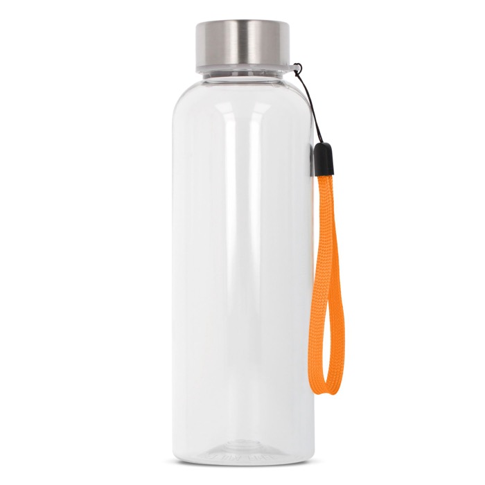 Garrafa de RPET transparente com cordão colorido 500ml cor cor-de-laranja transparente