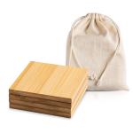 Conjunto de 4 bases para copos de bambu, bolsa de algodão incorporada cor castanho-claro