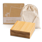 Conjunto de 4 bases para copos de bambu, bolsa de algodão incorporada cor castanho-claro