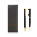 Conjunto de esferográfica e roller de metal elegante, tinta azul cor dourado