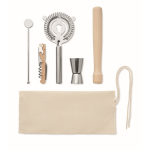 Kit cocktail com 5 utensílios essenciais num saco de algodão cor bege segunda vista