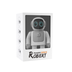 Robot Robert que dança com conexão móvel e altifalante incorporado cor branco vista com caixa