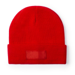 Gorro elástico para crianças com dobra e etiqueta para personalização cor vermelho primeira vista